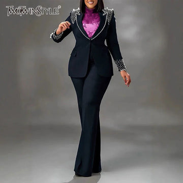 Solid Slimming Spliced Pearls Two Piece Sets for Women Lapel Long Slevves Patchwork Button Top Pants Set Female New