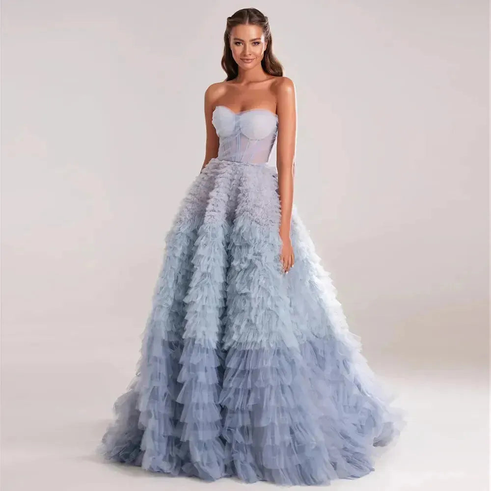 Chic Blue Ombre Tiered Ruffles Evening Dresses Luxury Dubai Ball Gown Prom Dress for Women Wedding Party Evening Dress
