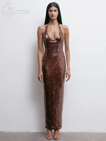VC Gorgeous Sexy Brown Sequin Halter Backless Sleeveless V-Neck Dress Party Summer Evening Gown