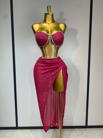 Women Sparkly Rhinestones Sequins Sexy Mesh Two Piece Set Evening Birthday Party Dress Nightclub Stage Performance Costumes