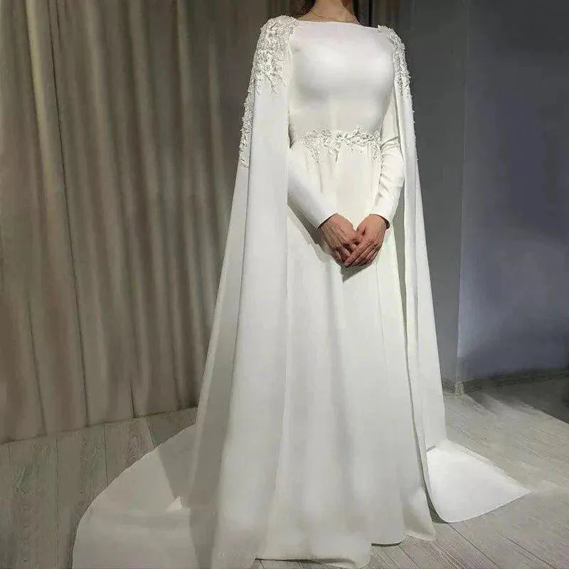 Muslim Wedding Dresses for Bride With Lace Cape A Line Long Sleeves Appliques Moroccan Caftan Bridal Gowns Robe De Mariée White 2