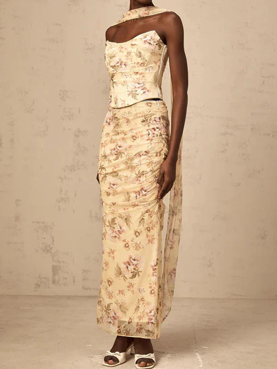 Colorblock Slimming Spliced Mesh Dresses for Women Strapless Sleeveless Patchwork Printing Dress Female Clothing