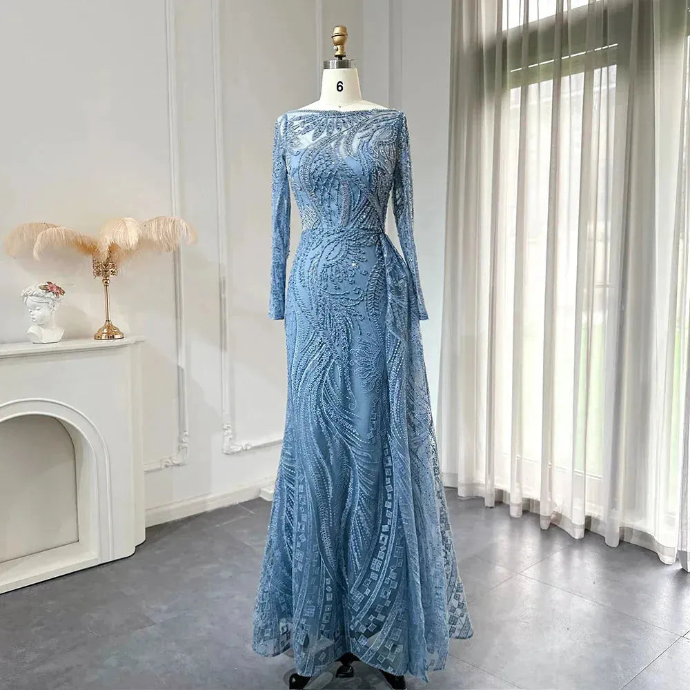 Luxury Dubai Blue Mermaid Muslim Evening Dress Overskirt Long Sleeve Plus Size Women Wedding Guest Party Gowns Blue Evening Dress