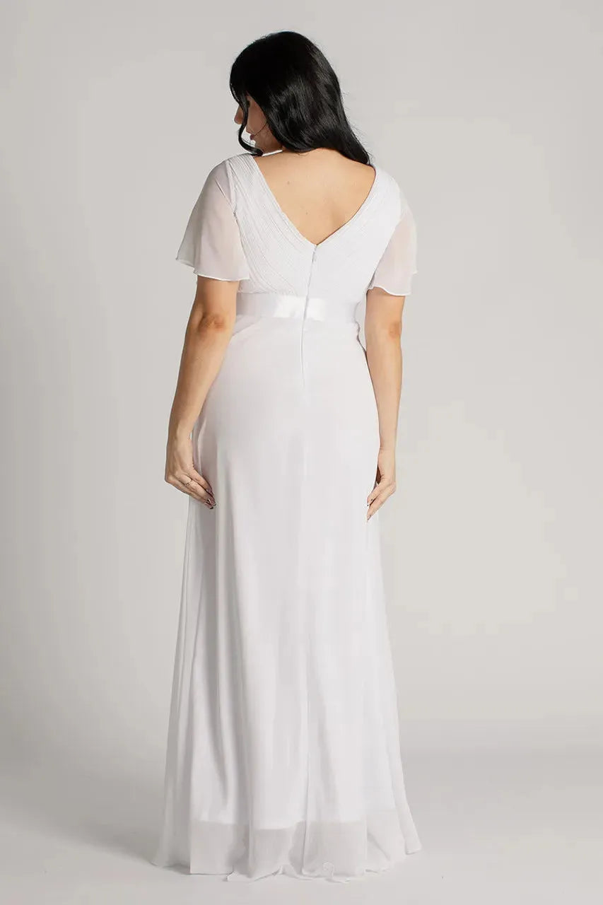 BABYONLINE Simple Bridesmaid Dress A Short Sleeved Chiffon Dress with A Satin Belt Fully Lined Zip Up Back Wedding Guest Gown