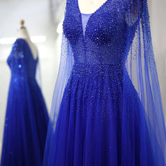 Royal Blue Luxury Dubai Evening Dress with Cape Sleeves Elegant Pink V-Neck Purple Women Wedding Party Gowns