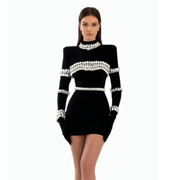 STOCK New Winter Sparkling Diamonds Half High Collar Black Mini Bandage Dress Fashion Woman Evening Party Outfit