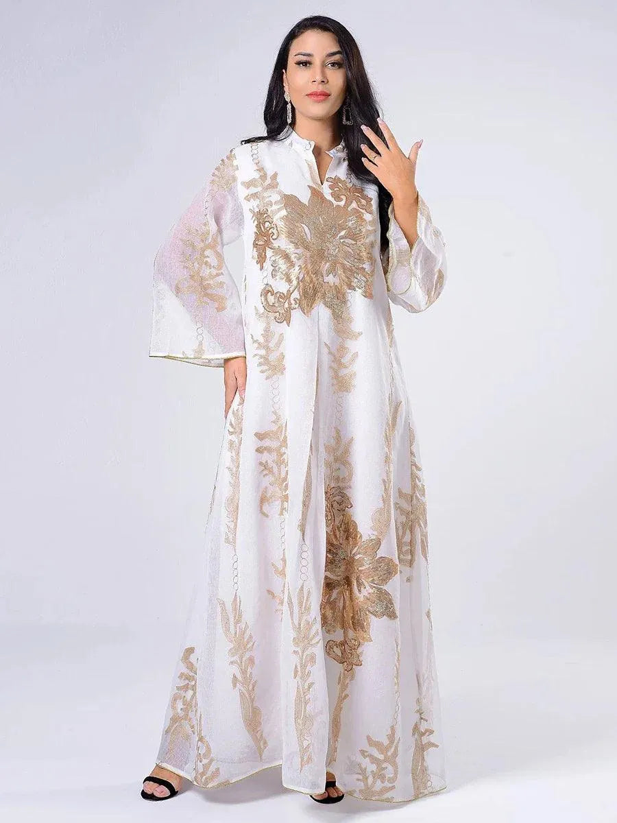 Sequins Embroidered Abaya Dress For Women Moroccan Kaftan Turkey Arabic Jalabiya White Islamic Ethnic Robe Eid New