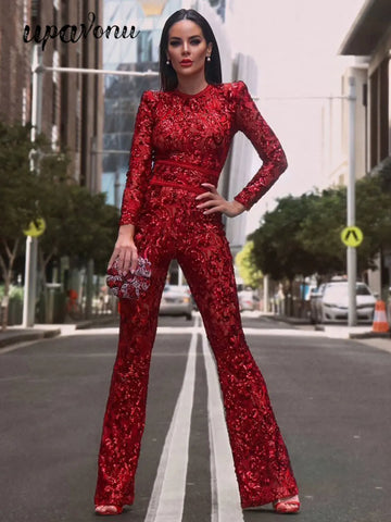 2025 Women'S Light Luxury Sequin Patchwork Bandage Jumpsuit O-Neck Long Sleeved Waistband Flared Jumpsuit Pants Party Jumpsuit