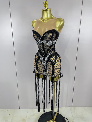 Sparkle Sequins Embroider Diamonds Sleeveless Long Tassel Mini Dress Women Celebrate Evening Birthday Dress Stage Costume