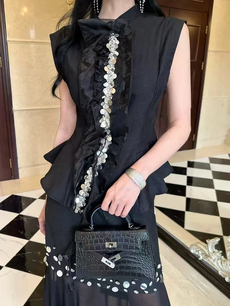 Solid Two Piece Sets for Women Round Neck Sleeveless Patchwork Sequin Vest High Waist Sheer Skirt Set Female New