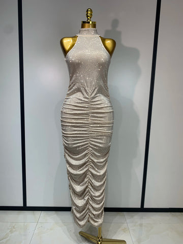 Women Sexy Backless Sleeveless Sparkly Diamonds Dress Slim Formal Elegant Celebrity Cocktail Party Luxury Birthday Gown Vestido