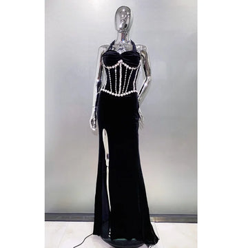 2025 Luxury Shining Diamond Halter Black Velvet floor Lenght Evening Dress Celebrity Birthday Party Outfit Performance Costume