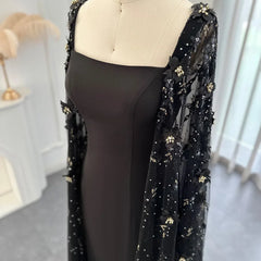 Luxury 3D Flowers Black Satin Arabic Evening Dress with Cape Elegant Mermaid Long Women Formal Party Gowns