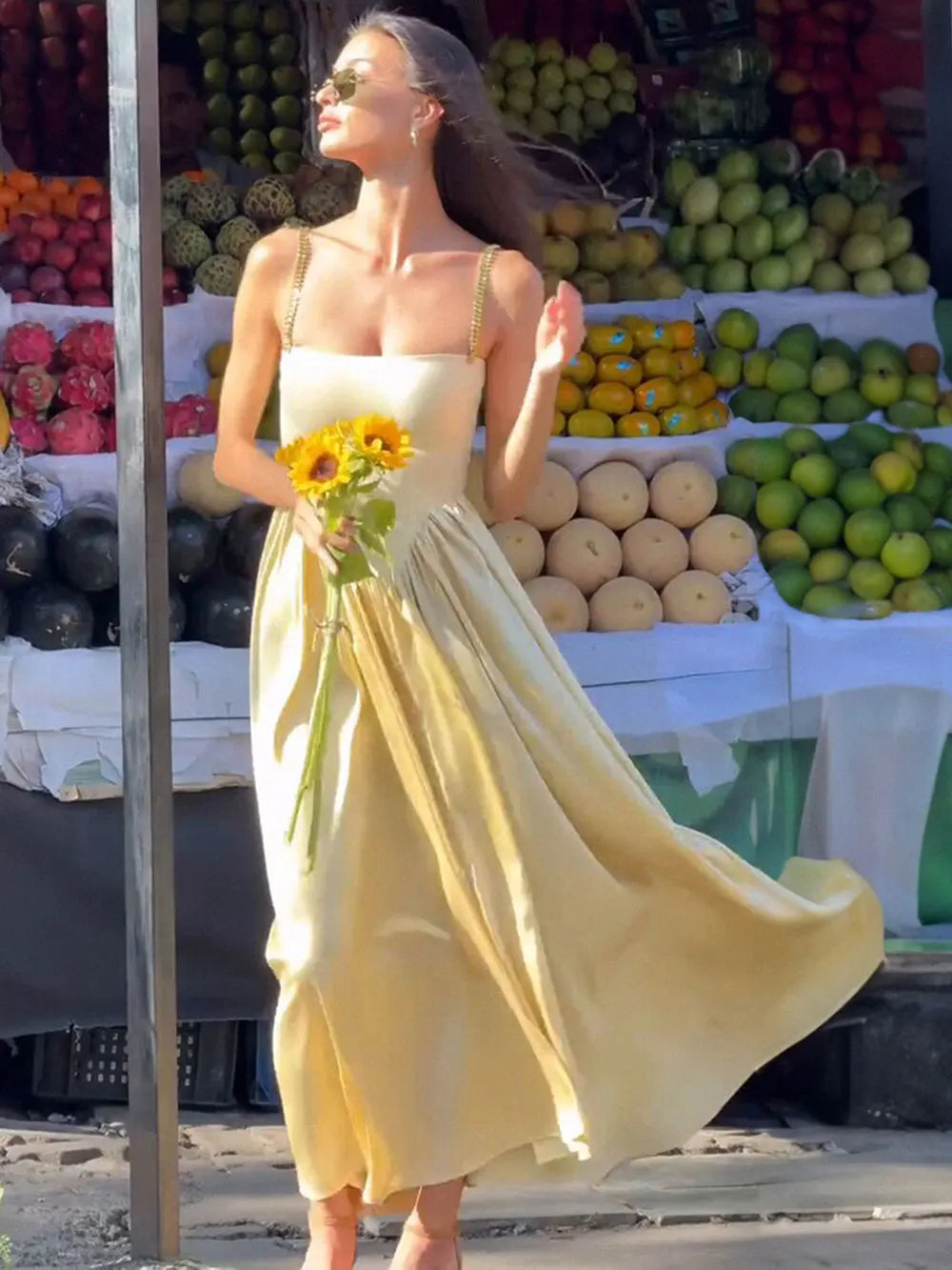 2025 Spring Women's Strap Chain Sleeveless Long Dress Fashionable Slimming Hundred Fold Elegant Dresses Evening Party Vestidos