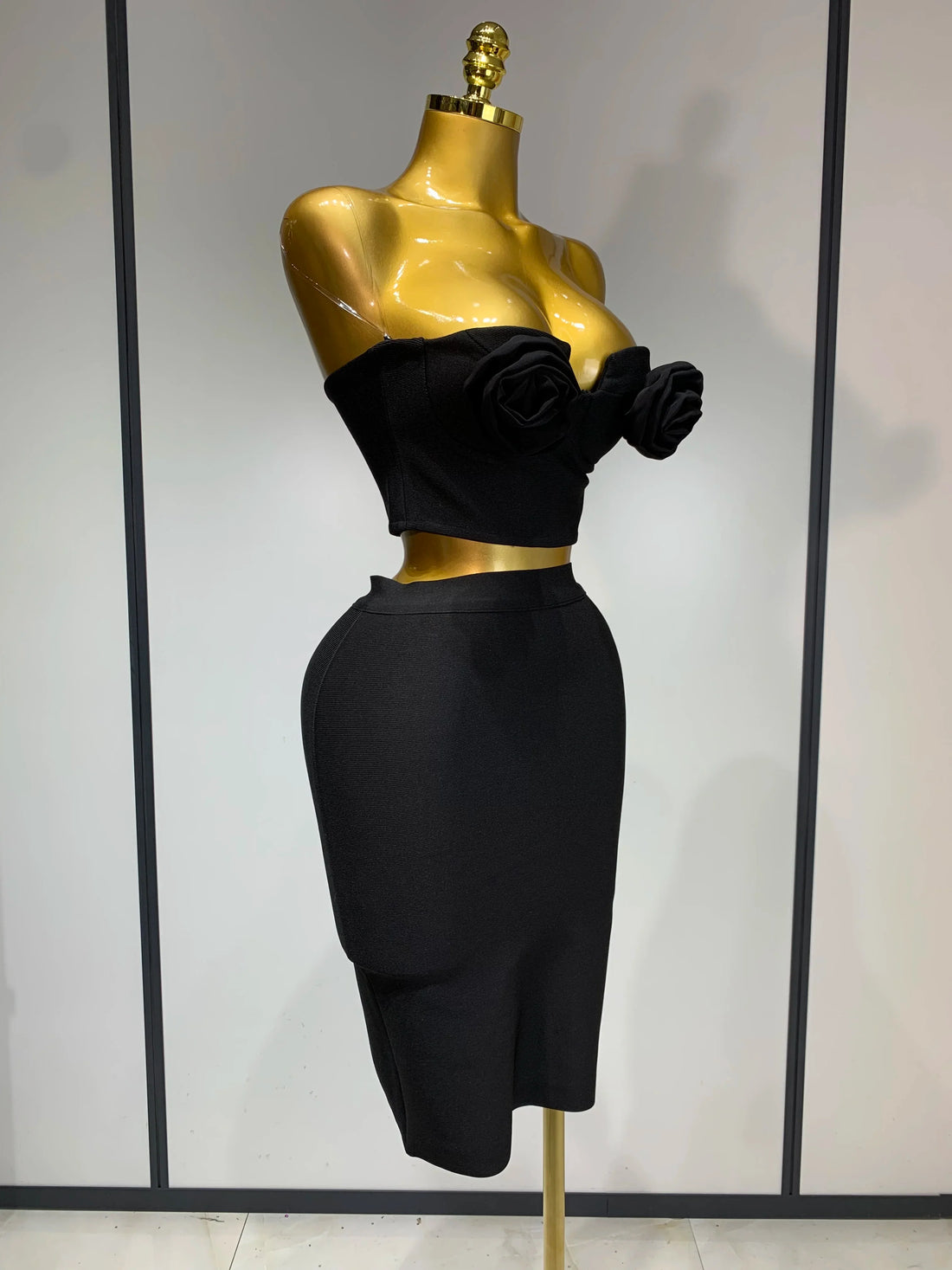 2025 Women 3D Flower Black Bodycon Bandage Two Piece Set Designer High Waist Evening Party Club Birthday Skirt Set