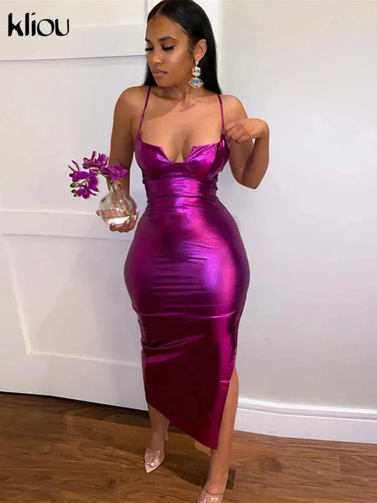 Kliou Party Style Maxi Dress Women Elegant Sheath Shiny Cleavage Body-Shaping Camisole Sleeveless Backless Female vestidos