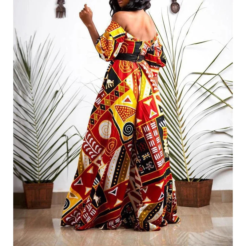 African Women Dress Dashiki Print Ankara Dresses Summer Sexy V-neck Backless High-waist Maxi Dress Kanga Clothing