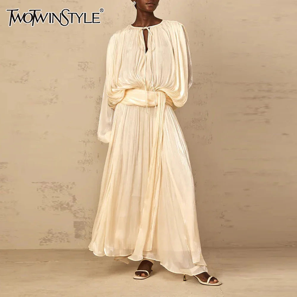 Solid Loose Spliced Folds Elegant Dresses for Women Round Neck Long Sleeves Patchwork Lace Up Dress Female Fashion