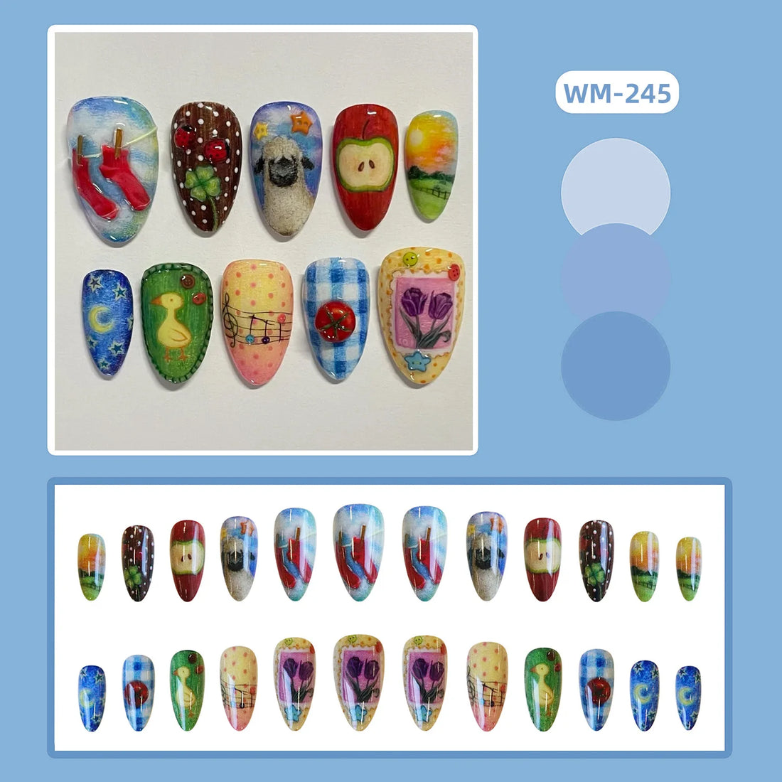 24pcs Cute Cartoon Fake Nail Tips Oil Painting Series Printed Almond Press On Nail Sweet Cool Charming False Nail For Spicy Girl