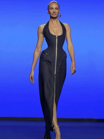 VC Edgy-Chic Denim Halter Jurk met Rits, Mouwloos en Rugloos Maxi Jurk voor Modieuze Date Night Gala