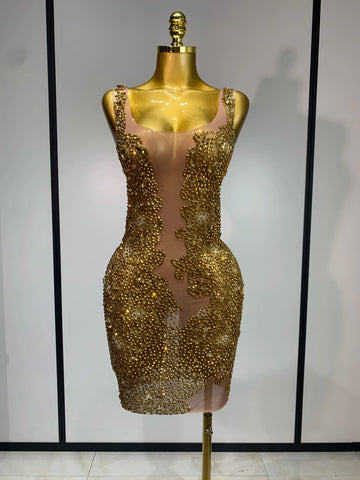 Women Sexy Stage Perform Outfit Club Gown Shining Gold Rhinestones Elegant Mesh Dress Birthday Evening Party Photoshoot Costume