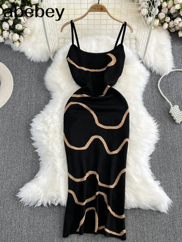 Black Summer Knit Sexy Strap Dress Women Tank Elatic Waist Bodycon Sundress Female Beach  Backless Long Dress