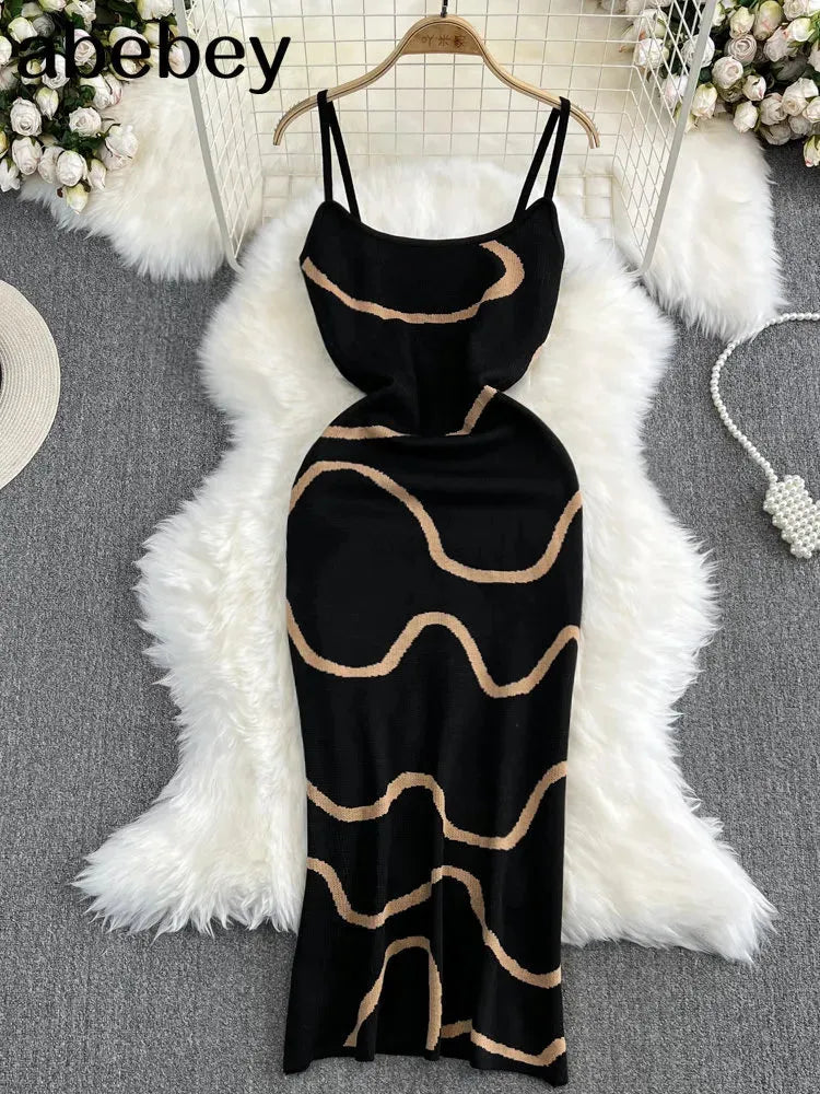 Black Summer Knit Sexy Strap Dress Women Tank Elatic Waist Bodycon Sundress Female Beach Backless Long Dress