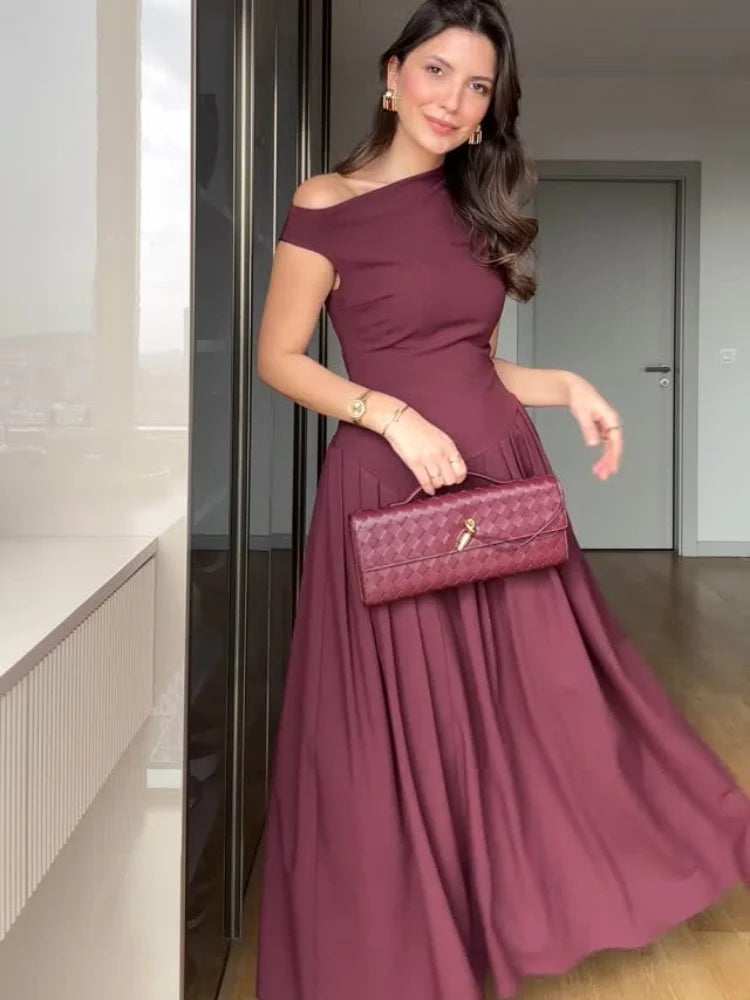 Chic Off Shoulder Irregular Neck Women's Dress Elegant High Waist A-line Hem Pleated Midi Dresses New Summer Lady Commuting Robe Brown