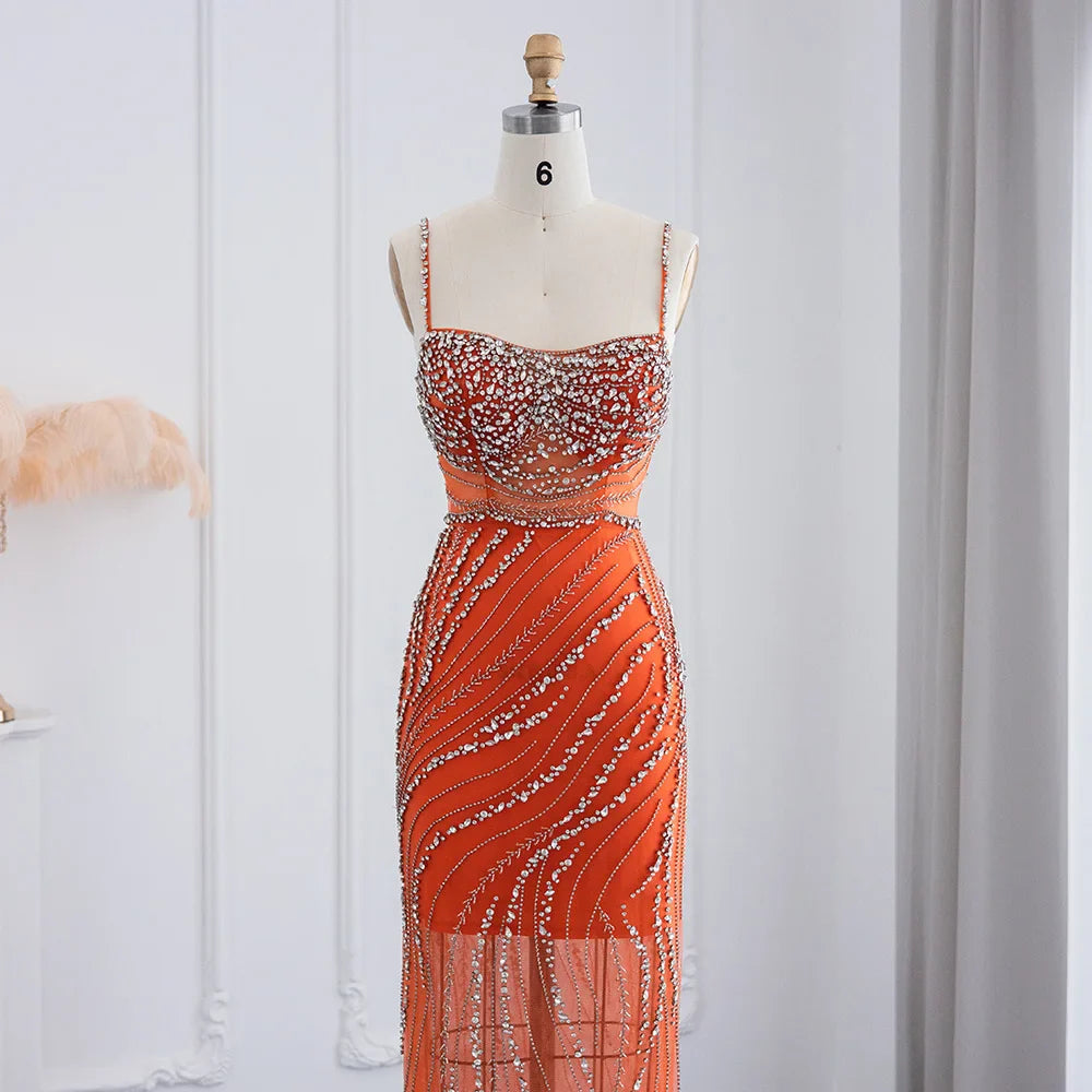 Orange Spaghetti Straps Mermaid Evening Dresses Luxury Dubai Crystal Long Prom Dress for Women Wedding Party