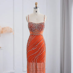 Orange Spaghetti Straps Mermaid Evening Dresses Luxury Dubai Crystal Long Prom Dress for Women Wedding Party