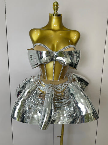 Women Silver Sequins Rhinestone Sexy Backless Two Piece Set  Birthday Party Club Fancy Outfit Stage Performance Costume