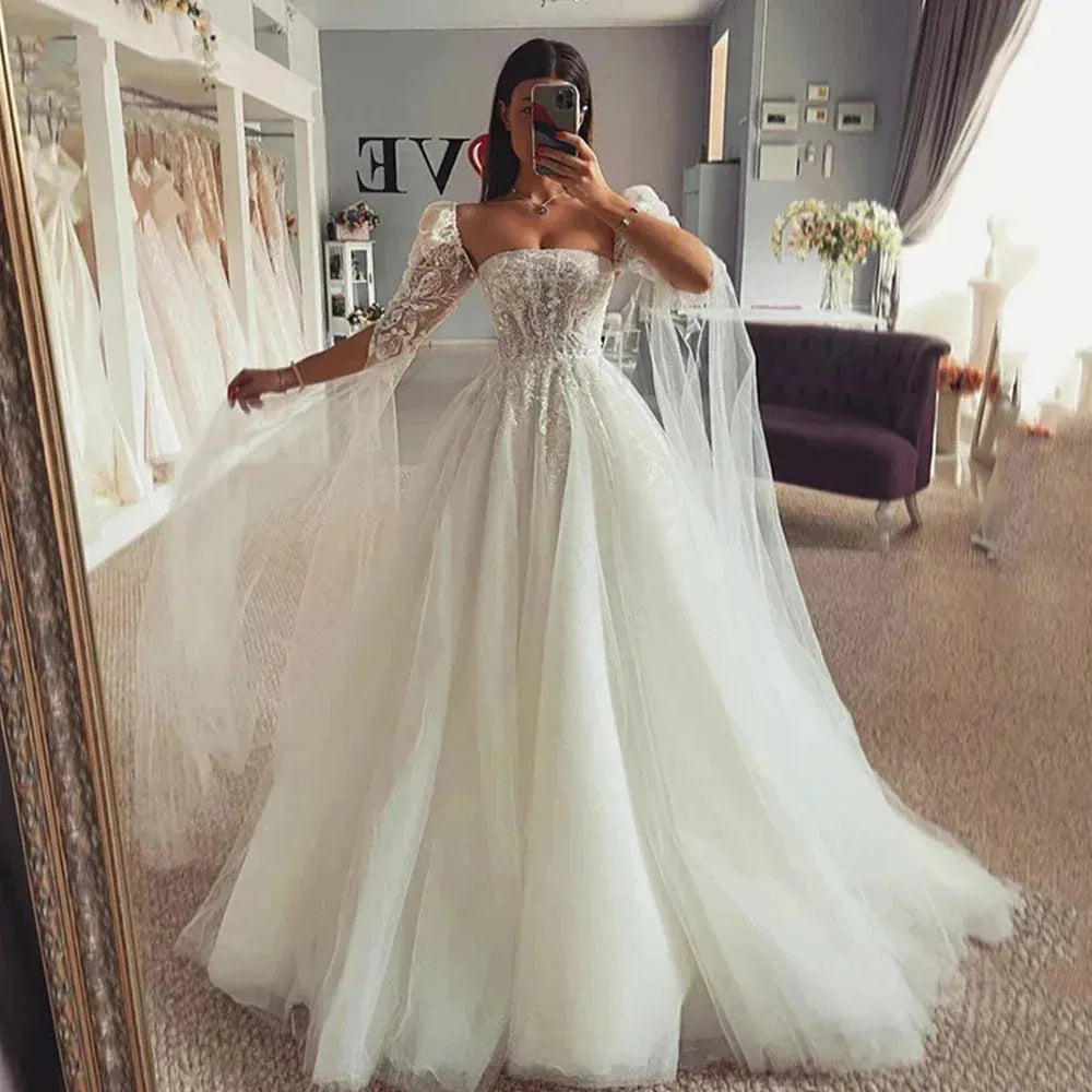 Chic Princess Lace And Tulle Beach Beautiful Wedding Dresses Sweetheart Off Shoulder Straps Beading Bridal Gown Custom Made Beige