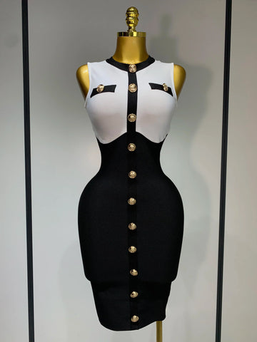 New Arrivals Fashionable Women Bandage Golden Buttons White Black Patchwork Sleeveless Bodycon Elegant Party Dresses