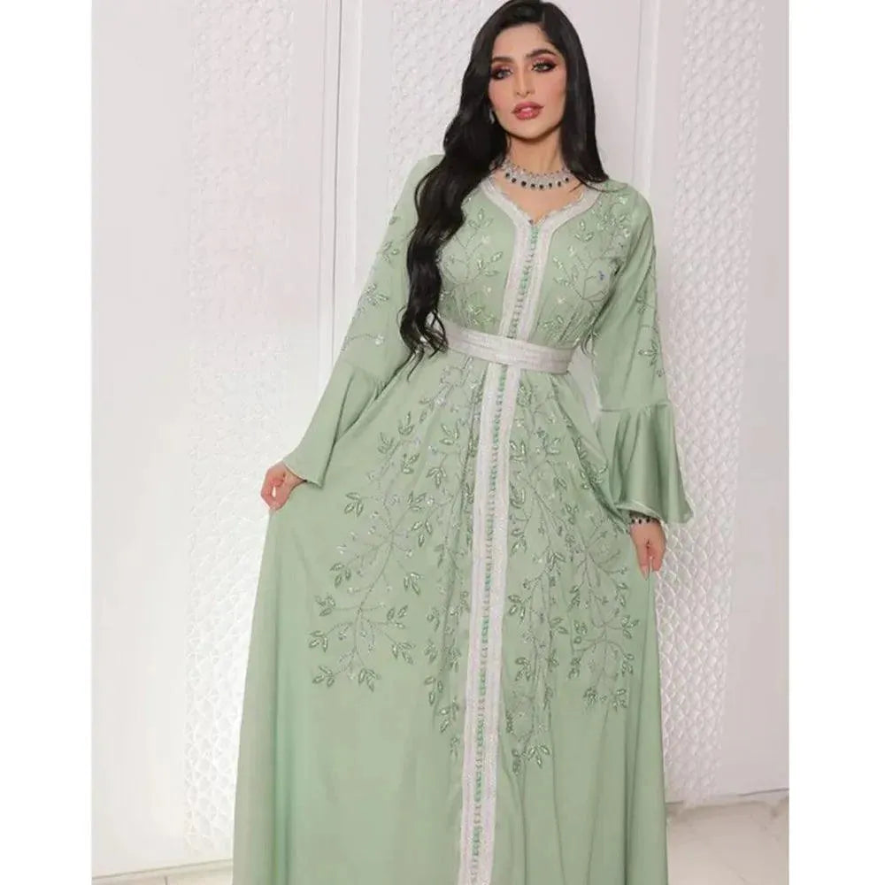 Summer Women's Maxi Long Dress Embroidered Nail Beads Drilling Kaftan Gown Green Abaya Dubai Luxury Robe Femme Musulmane