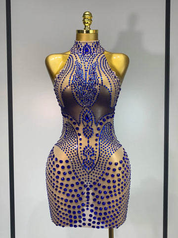 Luxury Birthday Dress Women Rhinestones Sexy Transparent Mesh Mini Dress Evening Party Nightclub Stage Performance Costume