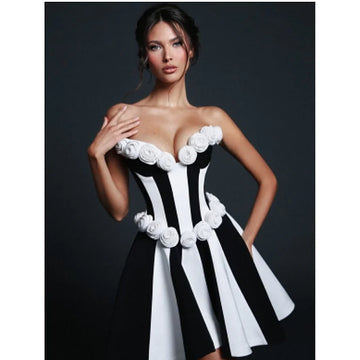 2025 Stereoscopic White Flowers White and Black Bandage Mini Dress Sweet Woman Birthday Party Vestido Celebrity Party outfit！