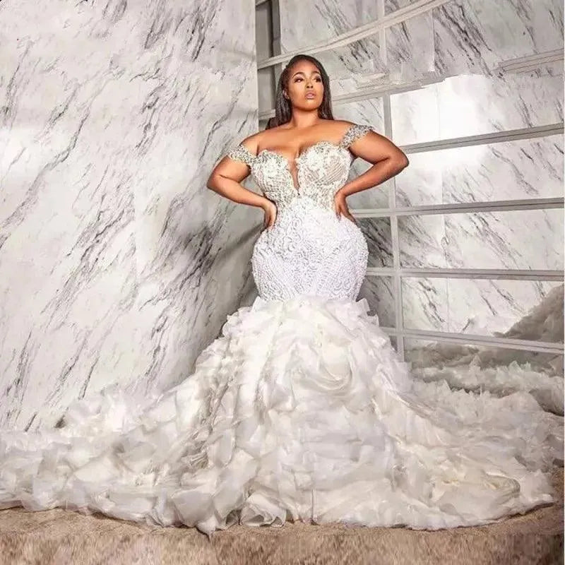 Luxury Mermaid Wedding Dress with Ruffle Train South Africa Lace Appliques Crystals Beaded Plus Size Bridal Gowns Custom Made Custom Color