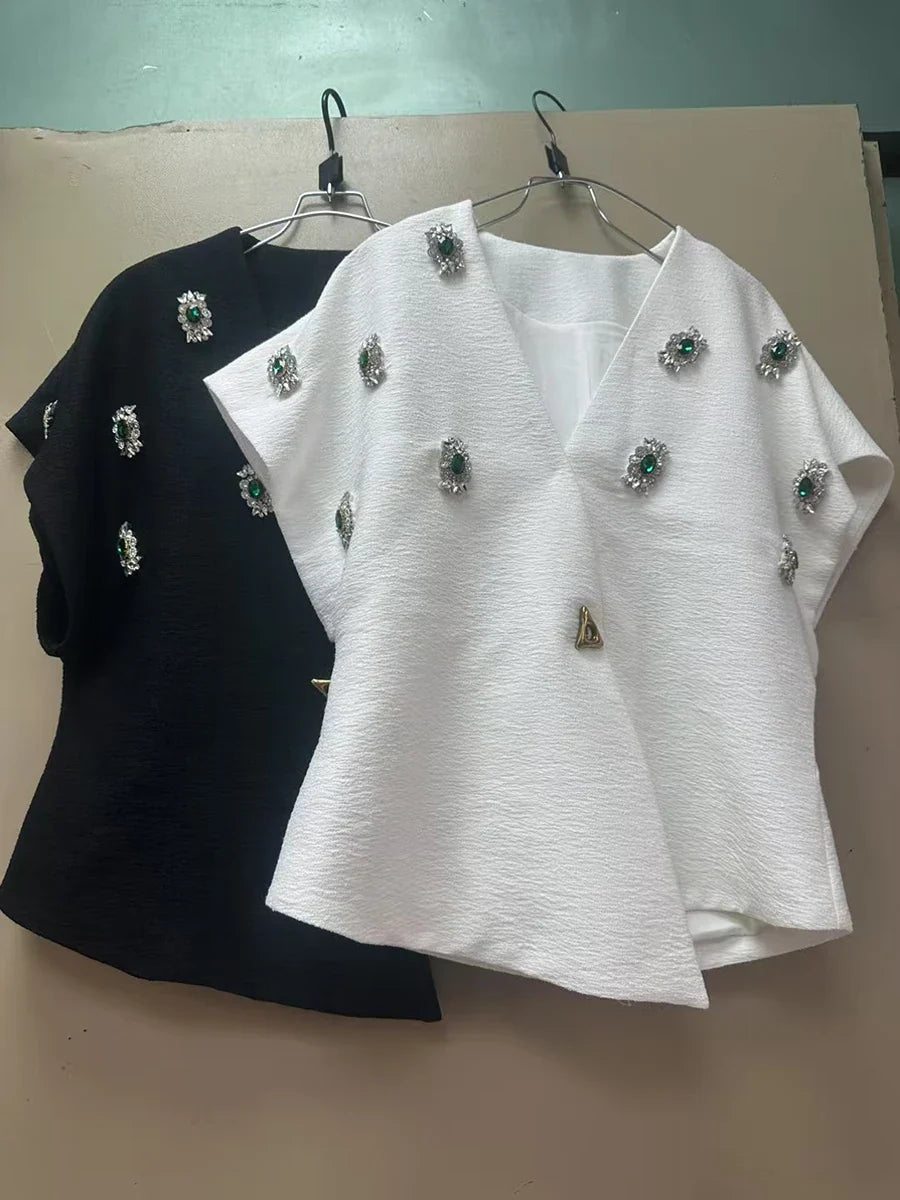 Solid Spliced Bead Luxurious Jackets for Women V Neck Short Sleeves Patchwork Button Elegant Jacket Femlae Fashion