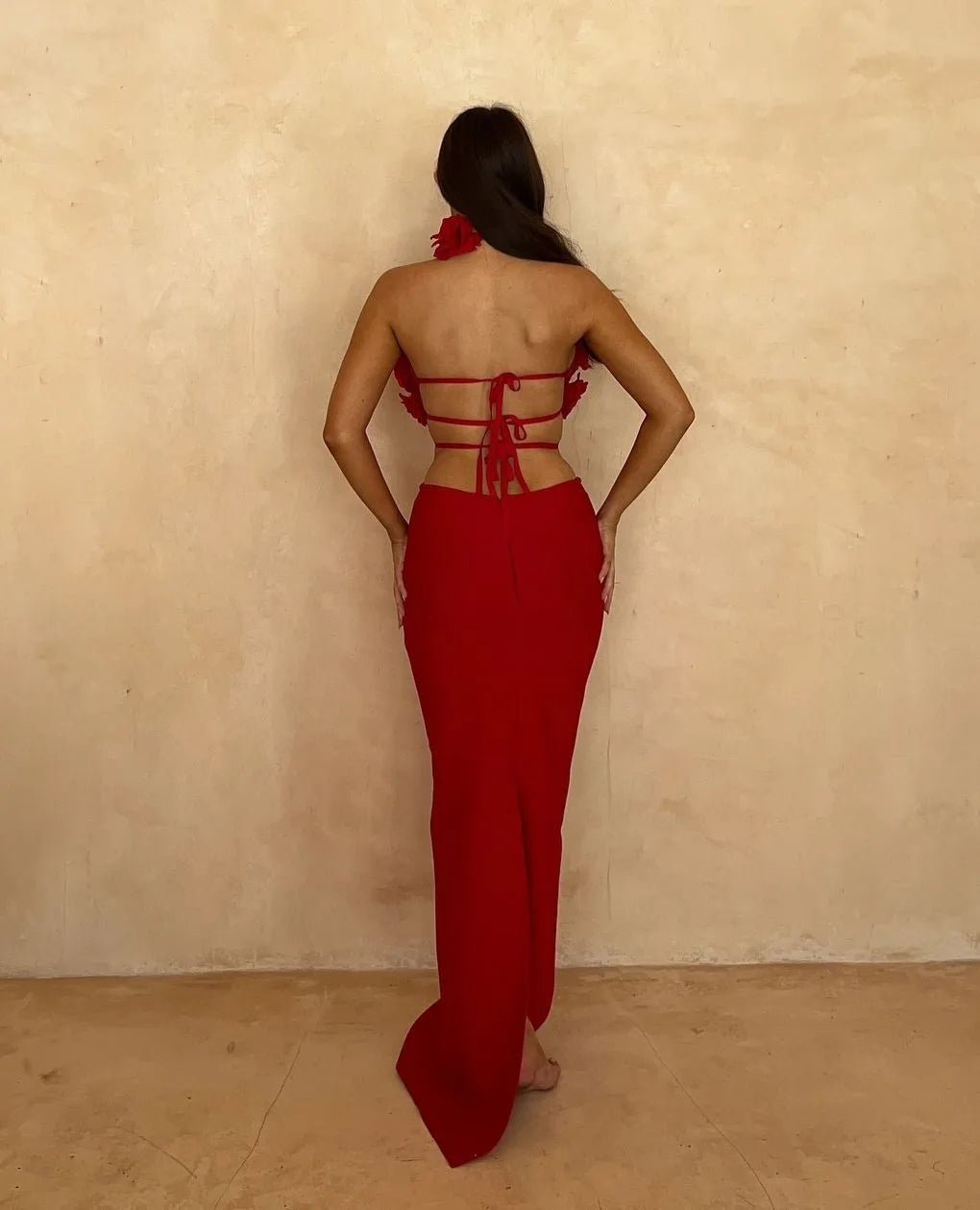 2025 New Red Color Women Sexy Halter Florals Keyhole Bodycon Long Bandage Dress Laced-up Backless Nightclub Party Celebrate Wear