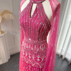 Vestidos de noche de lujo de color rosa con mangas estilo sirena de Dubái para mujer árabe, vestidos formales para invitadas a bodas 