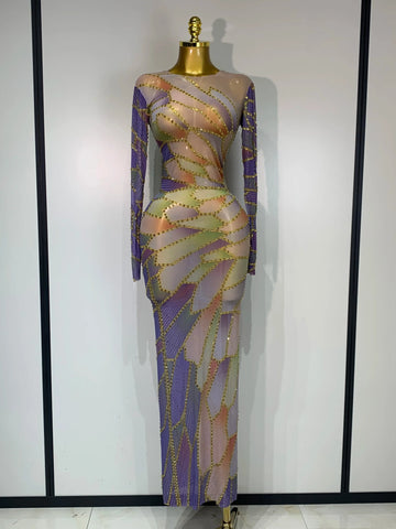 Sparkly Rhinestone Stretchy Mesh See Through Dress Women 2025 Performance Dancer Costume Luxury Birthday Nightclub Stage Outfit