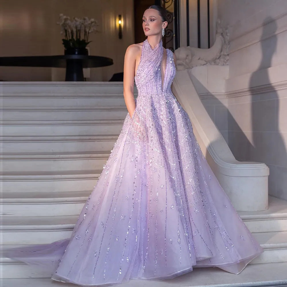 Luxury Beaded Dubai Lilac Evening Dresses for Women Wedding Party Elegant Long Arabic Prom Formal Gowns