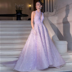 Luxury Beaded Dubai Lilac Evening Dresses for Women Wedding Party Elegant Long Arabic Prom Formal Gowns