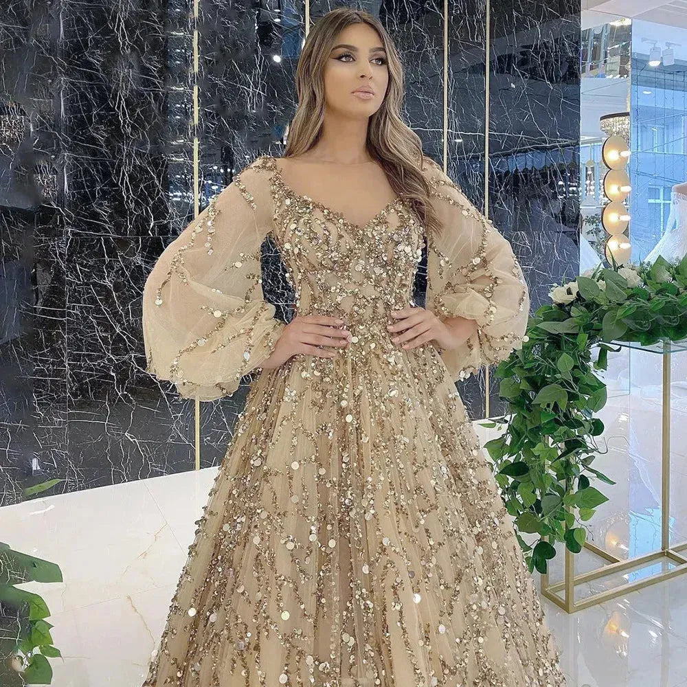 Long Sleeve Golden Heavy Beading Luxury Evening Dress Sexy Socialite Aura Queen Long Dress Plus Size