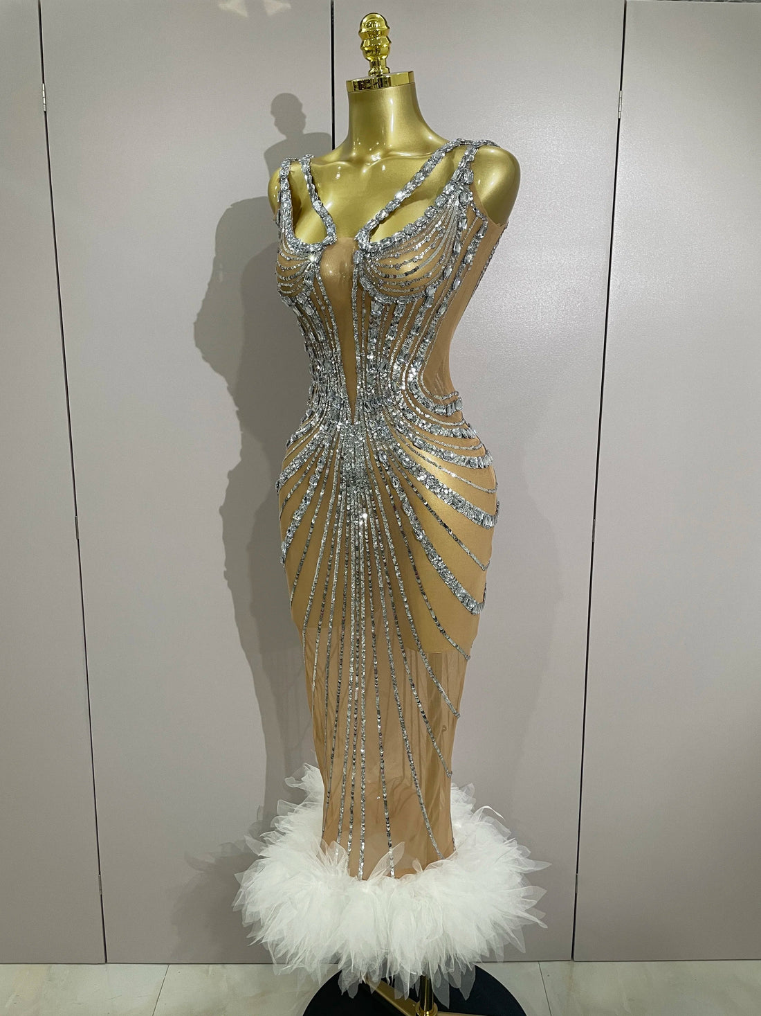 Luxury Sexy Silver Rhinestone Mesh See Through Long Dress  New Women Birthday Party Prom Gown Singer Nightclub Stage Costume