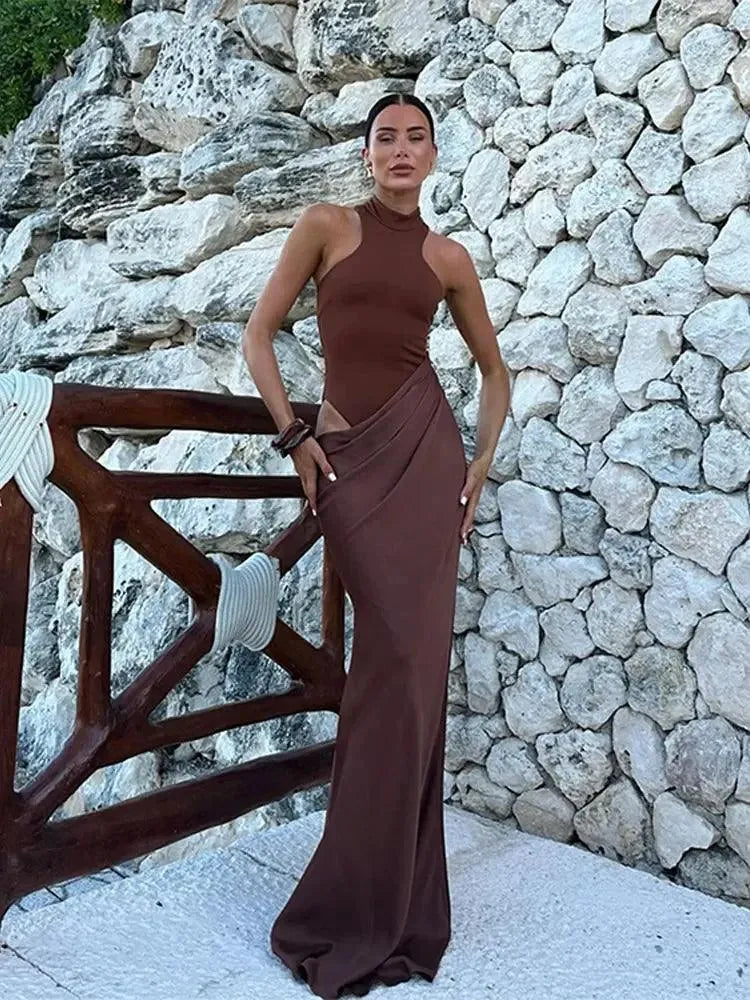 Women Elegant Patchwork Sleeveless Maxi Dress Fashion Stand Collar Waist Hollow Out Bodycon Dresses Lady Party Evening Robe Chocolate