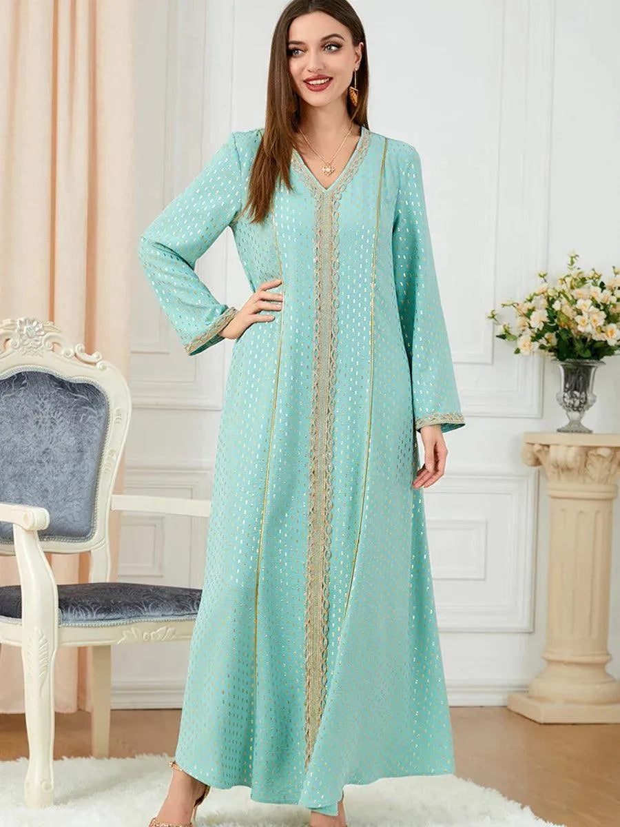 Fashion African Dresses For Woman Abaya Tape Trim Full Sleeve V-Neck Elegant Casual Moroccan Clothing