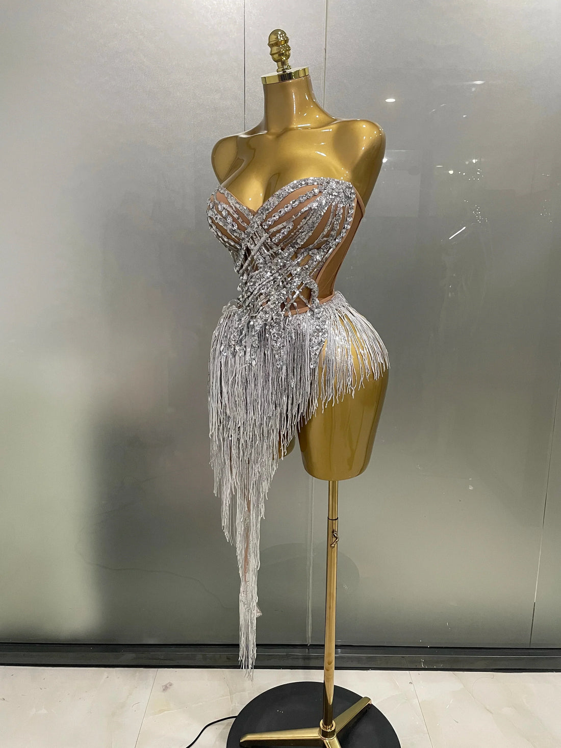 New Sparkly Rhinestone Sequin Tassel Sexy Mini Skirt Two Pieces Set Women Birthday Celebrate Party Nightclub Stage Costume