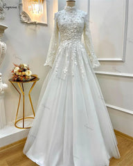 High Neck A Line Princess Wedding Dresses For Women Bride Full Sleeves Lace 3D Flowers Elegant Bridal Party Gown