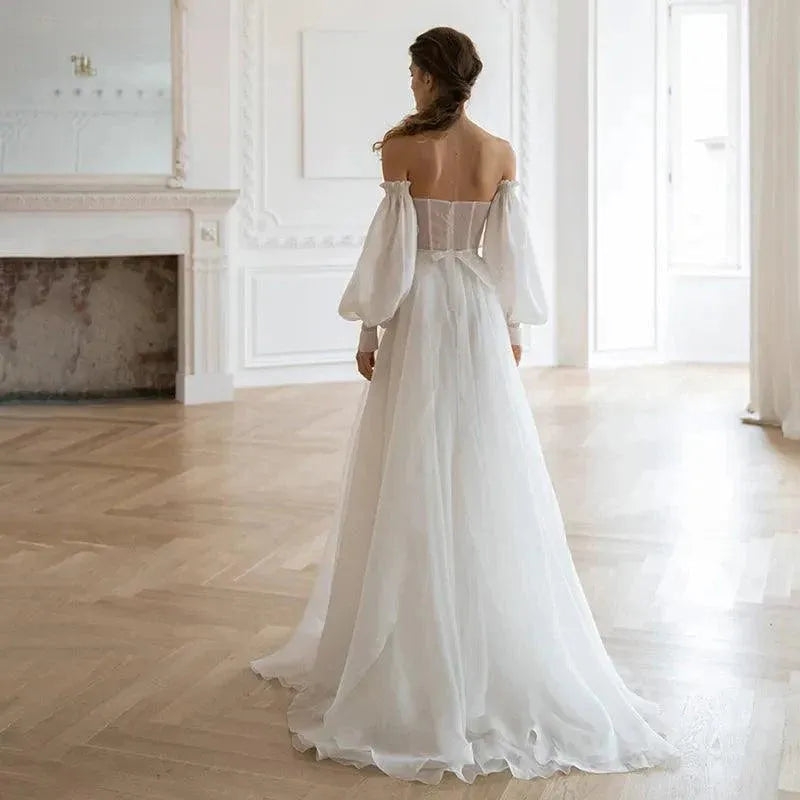 Scalloped Neck Organza Long Sleeves Boho Wedding Dress Off Shoulder A Line Backless Princess Elegant Bridal Gown Ivory